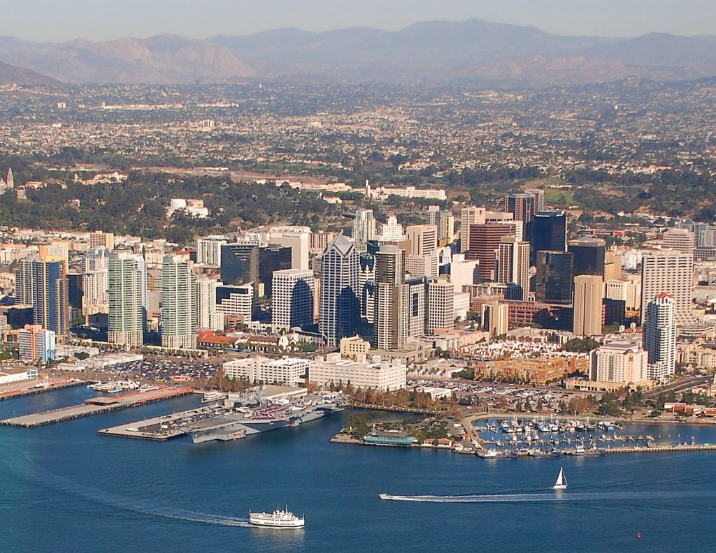 San Diego City Scape with Mountains in the Background View from the Ocean Sky