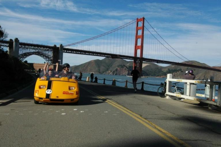 GoCar driving under Golden Gate Bridge
