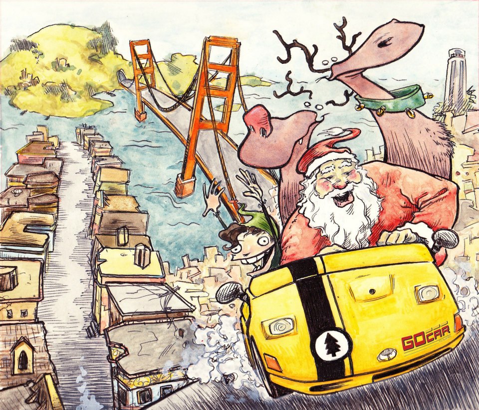 Cartoon of Santa in a GoCar with Reindeer Crossing the Golden Gate Bridge