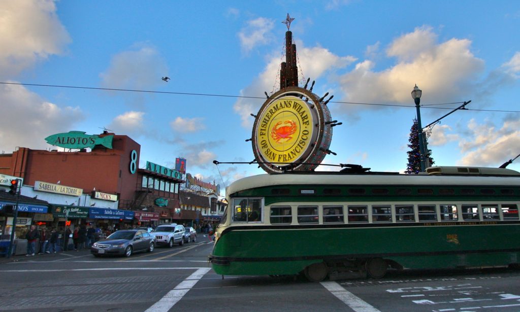 Sign for Fisherman's Wharf in San Francisco and a Street Car Passing By