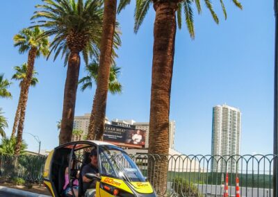 GoCar eSport parked next to palm trees in Las Vegas