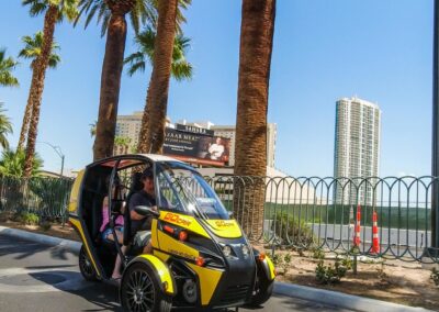 GoCar eSport driving under palms in Las Vegas