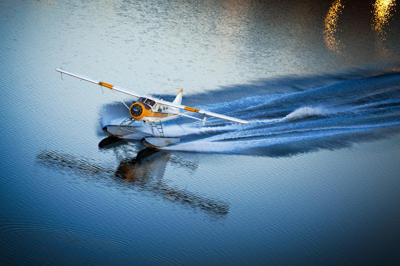 Seaplane landing in water in San Francisco