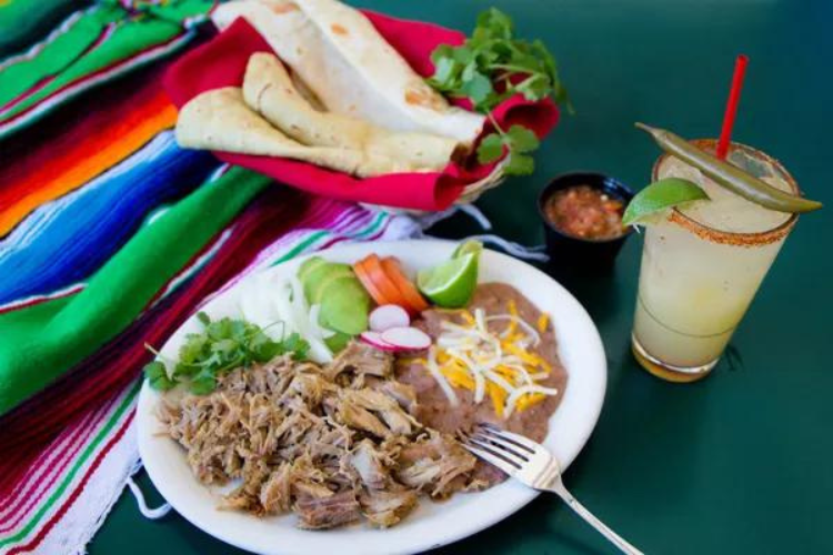 carnitas plate, tortillas, and margarita from San Diego's Old Town Mexican Cafe